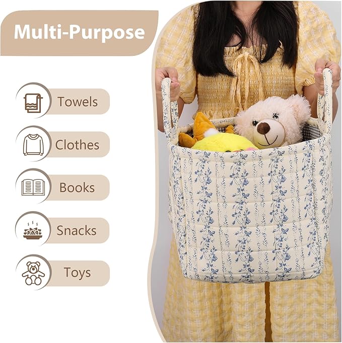 Storage Basket Boho Fabric Large Collapsible Floral Laundry Nursery Hamper Portable Folding Storage for Clothes Toys (Vine-Bl