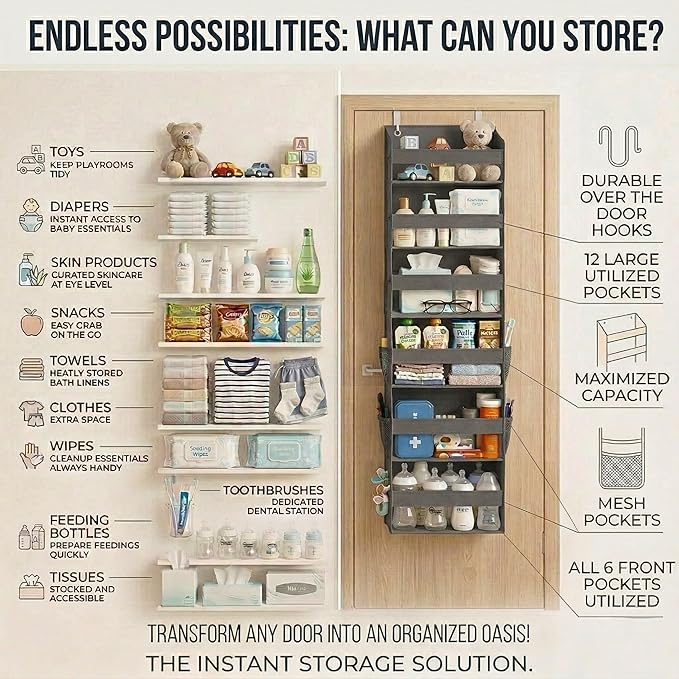 HOMELUX THEORY UPGRADED 6 Tiers Over The Door Organizer Hanging - 100D EXTRA THICK & 50lbs HUGE CAPACITY, 12 Side Mesh Pocket