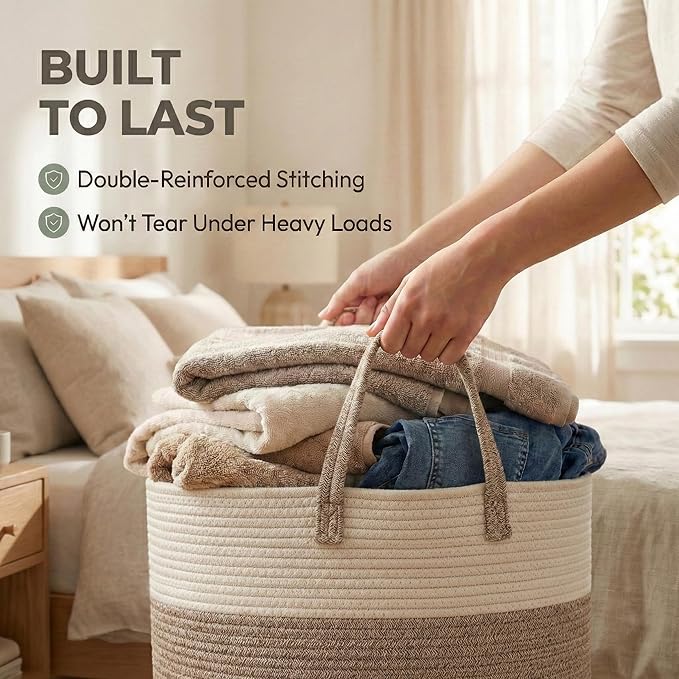 JMvicyroam 65L Extra Large Blanket Basket for Living Room - Woven Cotton Rope Laundry Hamper with Reinforced Handles - Storag