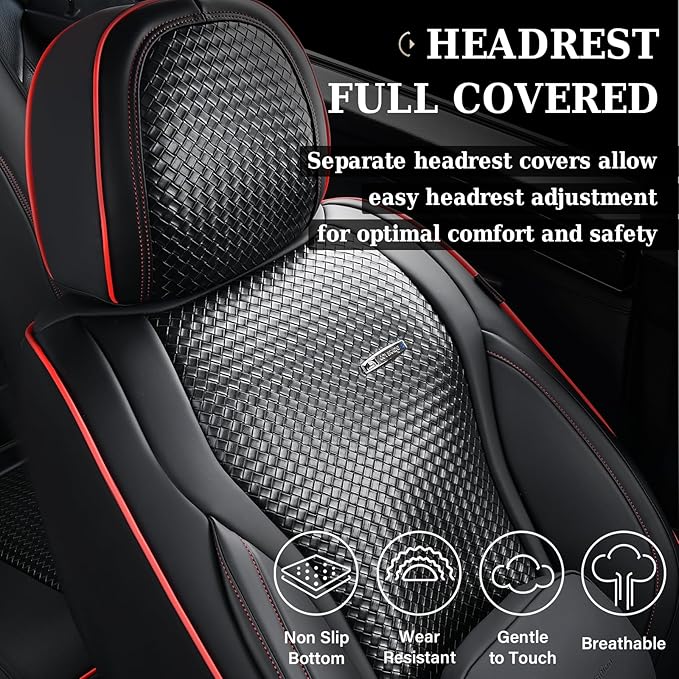 Coverado Seat Covers, Car Seat Covers Front Seats, Waterproof Nappa Leather Auto Seat Cover with Lumbar Head Pillow, Black Re