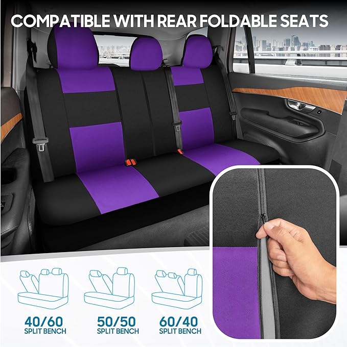 BDK PolyPro Car Seat Covers Full Set in Purple on Black, Front and Rear Split Bench Seat Covers for Cars, Easy to Install Car