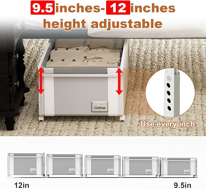 2Pack Under Bed Storage with Wheels,9.5"-12"Tall Adjustable Height Underbed Storage,Deep Under Bed Storage Containers,Rolling