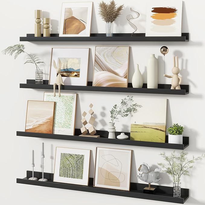 Fun Memories Picture Ledge Shelves Set of 4, 36 Inch Rustic Wall Mounted Floating Shelves with Lip for Home Storage and Décor