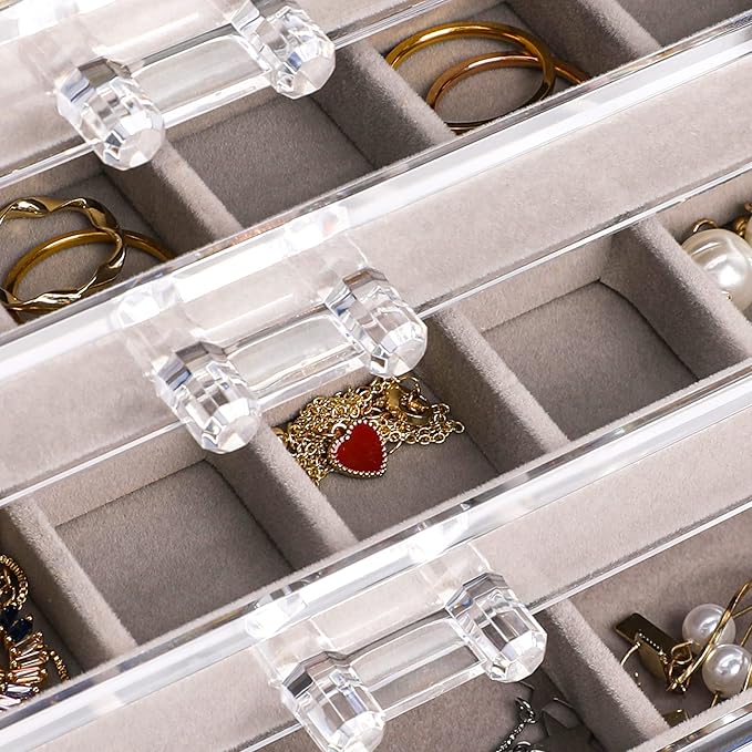 Frebeauty Acrylic Jewelry Organizer Earring Organizer Box with 5 Drawers Earring Holder Organizer with Velvet Trays Clear Jew