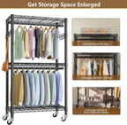 Heavy Duty Clothes Rack Rolling Garment Rack,3 Tier Adjustable Wire Shelving Clothing Racks for Hanging Clothes with Double R