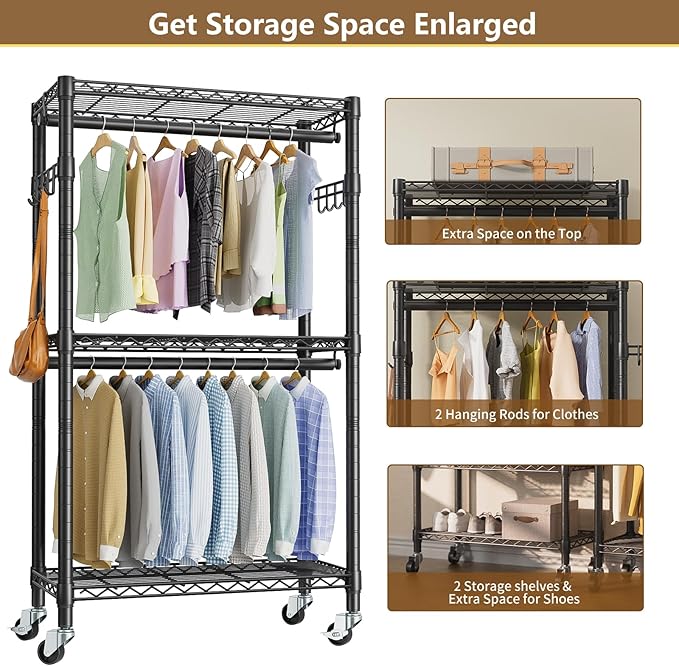 Heavy Duty Clothes Rack Rolling Garment Rack,3 Tier Adjustable Wire Shelving Clothing Racks for Hanging Clothes with Double R