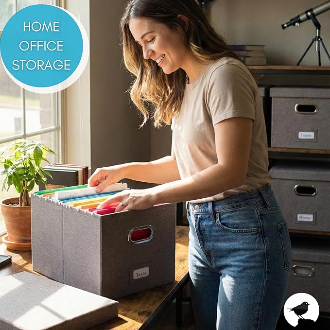 Internet's Best Collapsible File Box Storage Organizer with Lid - Decorative Linen Filing & Storage Office Boxes – Hanging Le