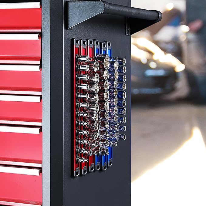 WORKPRO Magnetic Socket Organizer - 6-Piece Aluminum Alloy Socket Rail, Heavy Duty Socket Holder - Set: 1/4-Inch x 12 Clips, 