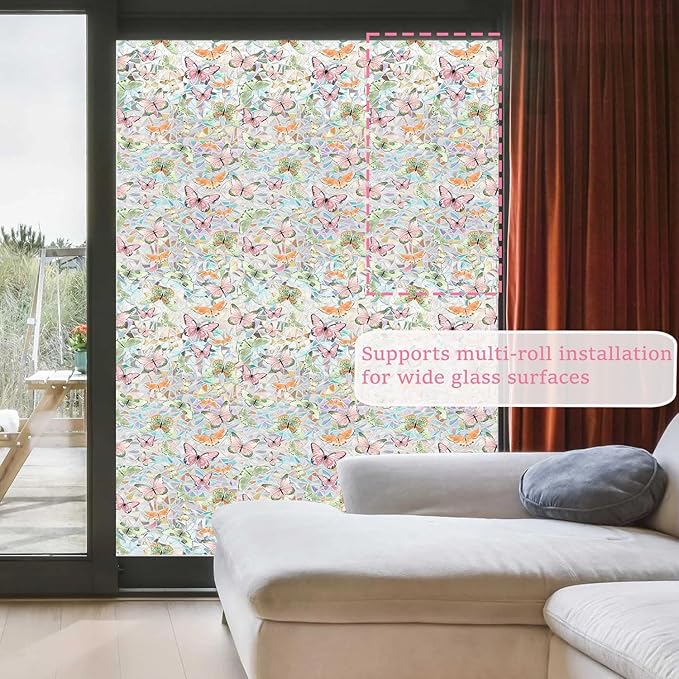 Butterfly Stained Glass Privacy Window Film Decorative, Summer Rainbow Window Stickers Sunroof Decal for Car Glass Door Moonroof Heat Control Non-Adhesive, 16.9" x 39.4"