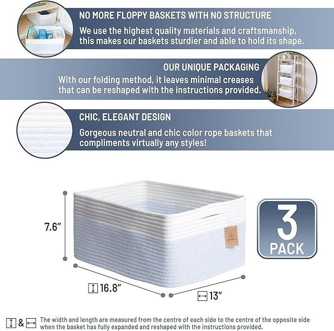 NaturalCozy Storage Baskets 16.8”x13”x7.6” Cotton Rope Woven Baskets for Organizing 3-Pack | Toy Storage Bins | Basket for Sh