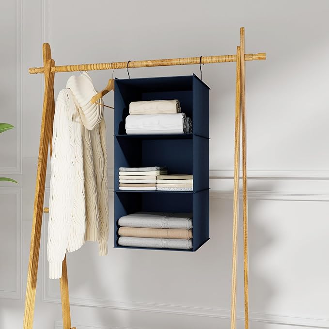 Hanging Closet Organizer - 3-Shelf, Easy Mount Foldable Wardrobe Storage Shelves for Clothes, Handbags, Shoes & Accessories -