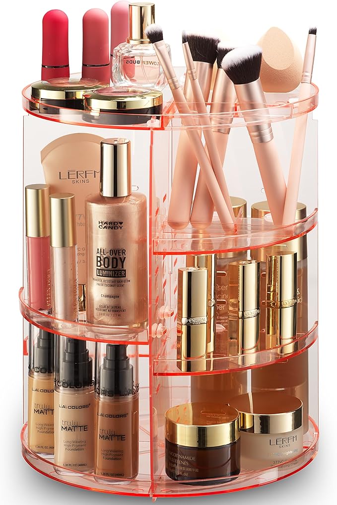 Masirs Rotating Makeup Organizer for Vanity, Large 360° Spinning Cosmetic & Skincare Organizer, Adjustable Shelf Height, Perf