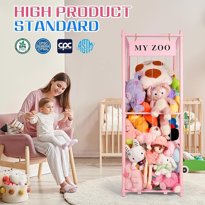 GLDZI Stuffed Animal Storage Zoo, Wooden Stuffed Animal Organizer with Elastic Cords for Boys Girls, Space Saving Toy Plushie