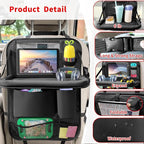 Car Backseat Organizer with Tablet Holder, 6 Storage Pockets Foldable Table Tray Seat Back Protectors Kick Mats Travel Accessories, 2 Pack Black