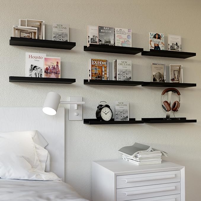 RICHER HOUSE Floating Wall Mounted Shelves, 8pc Set with Lip - Black Nursery Book Shelves for Bedroom, Bathroom, Kitchen Deco