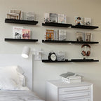 RICHER HOUSE Floating Wall Mounted Shelves, 8pc Set with Lip - Black Nursery Book Shelves for Bedroom, Bathroom, Kitchen Deco