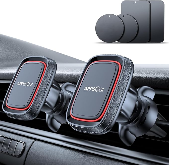 APPS2Car 2 Pack Magnetic Phone Car Mount, Car Phone Holder Mount Magnetic, Built in 6 Strong Magnets, Air Vent Cell Phone Holder for Car with Adjustable Secure Tightening System