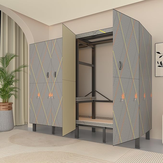 Foldable Portable Wardrobe Closet with Magnetic Doors & Cover, Heavy Duty Covered Clothes Rack with Hanging Clothing Rod, Met