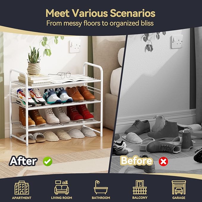 3 Tier Shoe Rack, Closet Shoe Organizer for Entryway, Heavy Duty Stackable Shoe Storage Shelf Stand,White