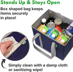 Reusable Grocery Bags (3 Pack) – Heavy Duty Reusable Shopping Bags with Box Shape to Stand Up, Stay Open, Fold Flat – Large Tote Bags are Foldable with Long Handles & Hard Bottom (Navy Blue)