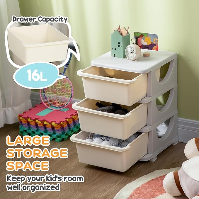Qaba 3 Tier Kids Storage Unit, Toy Organizers and Storage with 3 Drawer Chest for Kids Bedroom Nursery Kindergarten Living Ro