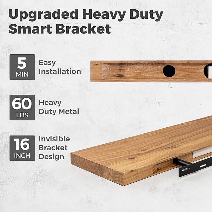 RICHFOCUS Elm Floating Shelves for Wall - 48" W x 9.3" D Rustic Solid Wood Shelves with Invisible Bracket, Wall-Mounted for L