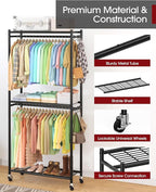 Sakugi Clothes Rack - 33.0" x 12.2" x 79.5" Clothing Rack with Shelves & Wheels, Multi-Functional Wardrobe Closet with Hooks,