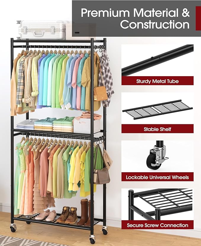 Sakugi Clothes Rack - 33.0" x 12.2" x 79.5" Clothing Rack with Shelves & Wheels, Multi-Functional Wardrobe Closet with Hooks,