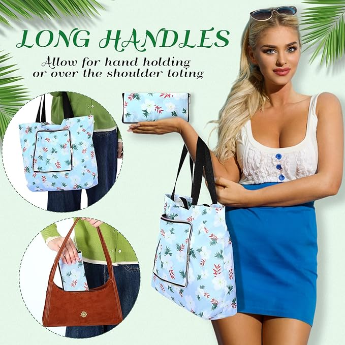 Cunno 6 Pcs Reusable Foldable Grocery Bags, Large Capacity Shopping Bag with Zipper Handle, Waterproof, Women