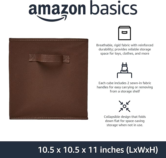 Amazon Basics Collapsible Fabric Storage Bins with Handles, Cube Organizer, Lightweight Fabric, 10.5"x10.5"x11", Brown, 6-Pac