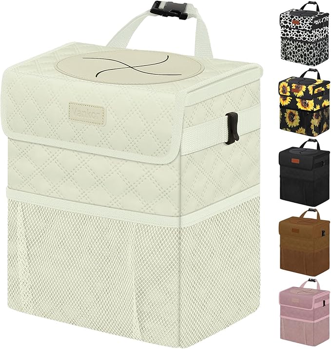 White Car Trash Can Cute, White Car Accessories for Women Waterproof Automotive Garbage Cans Leak Proof Vehicle Trash Can Diamond Pattern-Beige