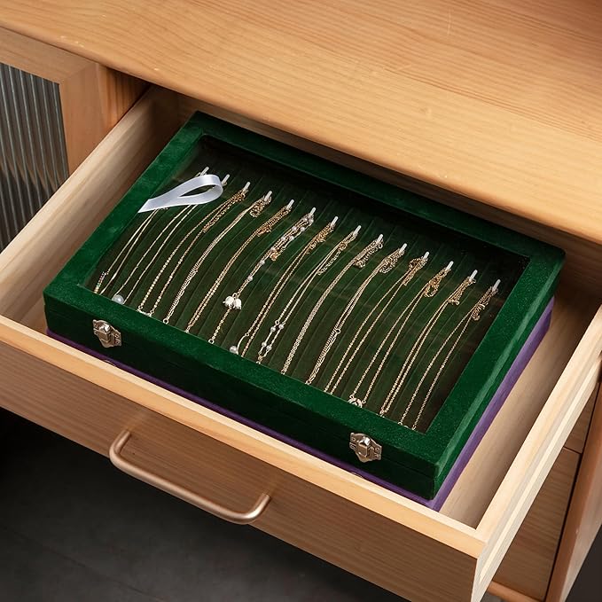 Frebeauty 15 Hooks Necklace Tray Velvet Neckalce Organizer with Clear Lid Lockable Necklace Holder Box Jewelry Organizer for 