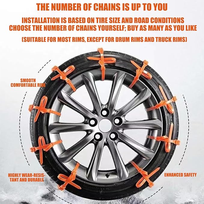 40PCS Zip Tie Snow Chains - Temporary Tire Straps, Universal Reusable Anti-Skid Nylon Tire Chain, Upgrade Adjustable Portable