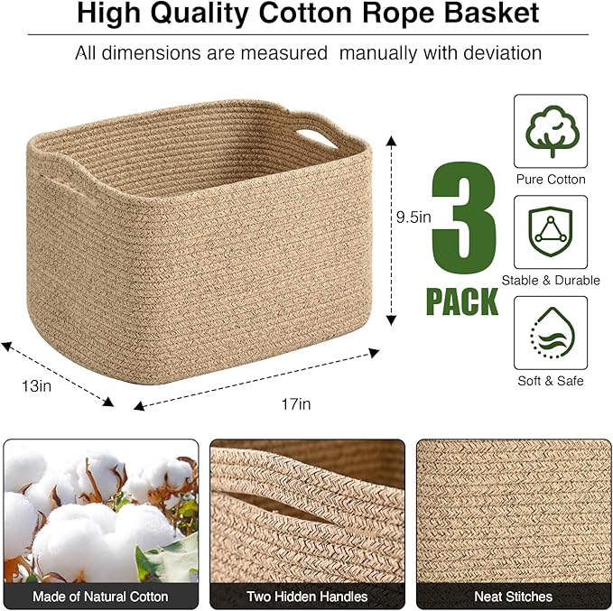 ICERZCZ Large Storage Baskets for Organizing Shelves, Woven Cotton Rope Bins for Baby Nursery Organization, Book Toy Towel Or