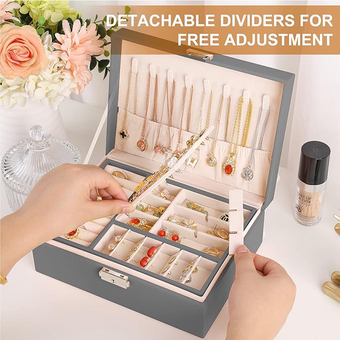 Jewelry Box for Women Girls 2 Layer Leather Travel Jewelry Organizer Storage Case with Lock and Removable Tray for Necklace E