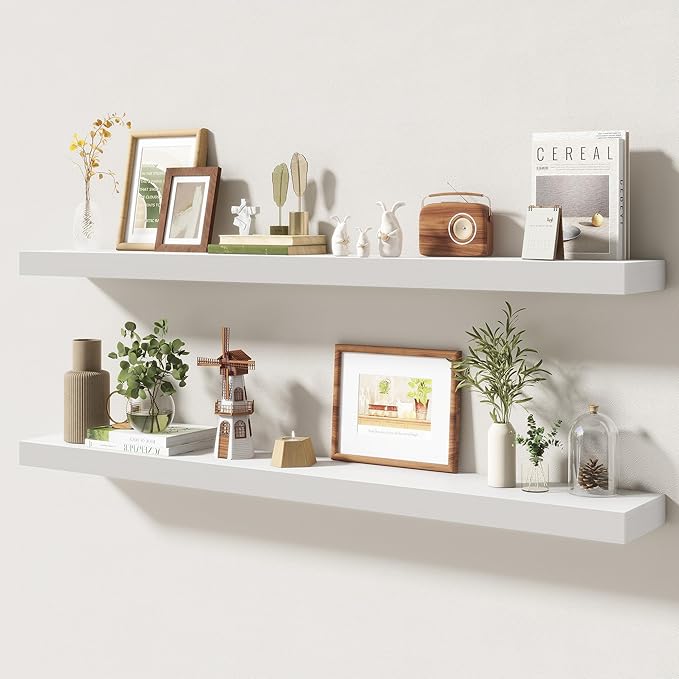 48 Inch Floating Shelves | 6.5 Inch Deep White Floating Shelves Set of 2 | 48" W x 6.5" D Rustic White Wood Wall Shelves with