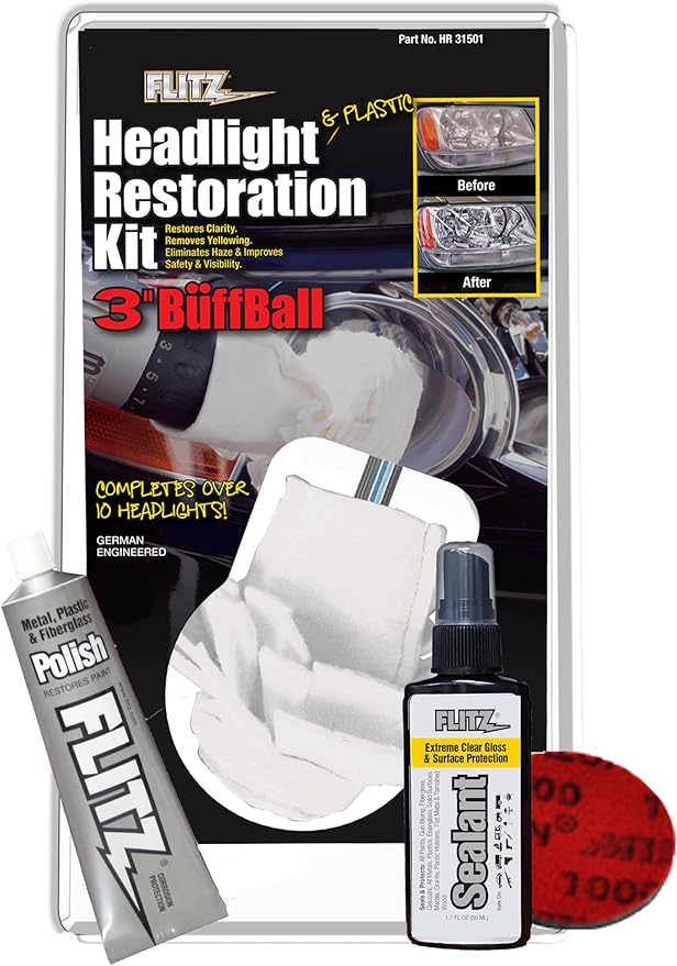 Flitz Car Headlight Restoration Kit - USA-Made Headlight Cleaner and Restorer Kit - Includes 1.7oz Polish, 1.7oz Sealant, 3" 