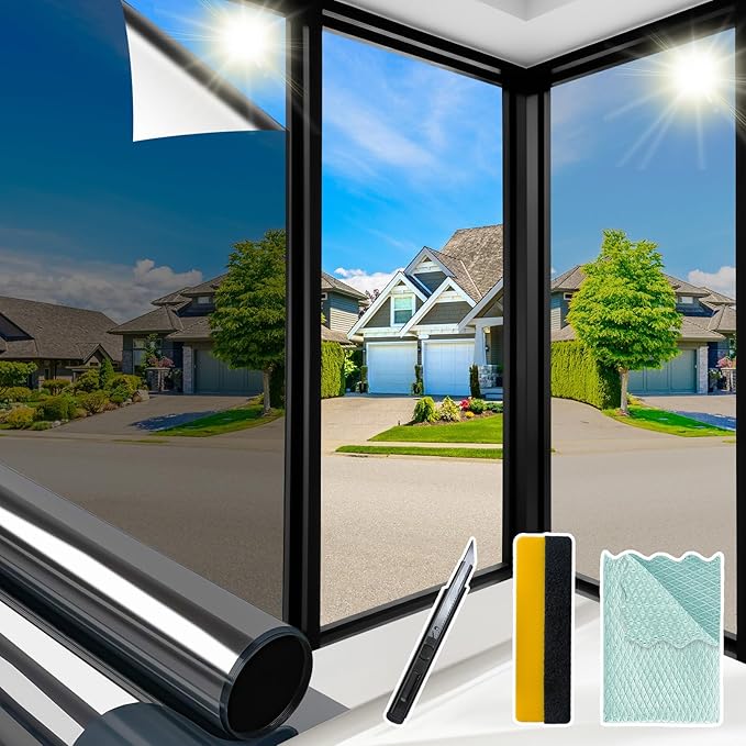 Niviy Window Tint Car One Way Mirror Window Film with Installation Tools, Sun UV Blocking Heat Control and Daytime Window Film See Out Not in for Home Office (Black-Silver, 23.6 x 78.7 inch)