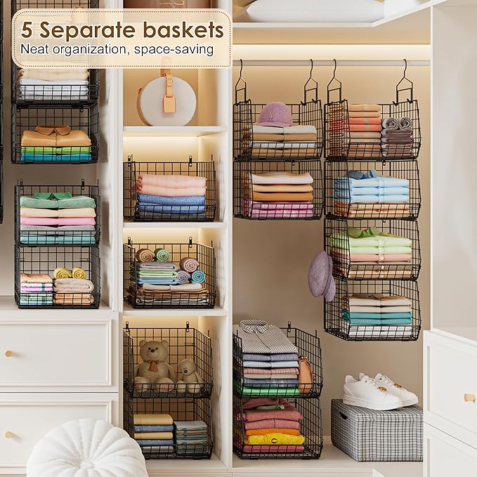 Capacity Upgrade Edition Deeper 4'' 5 Tier Foldable Hanging Closet Organizer and Storage，Wire Cabinet Shelves and Rack with 5