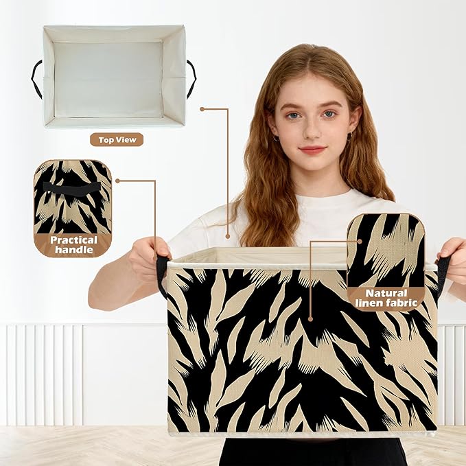 Black and Beige Abstract Storage Box Bins, Boho Modern Abstract Zebra Striped Collapsible Storage Basket Organizer for Bedroo