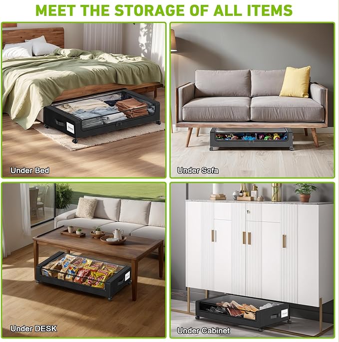 Under Bed Storage with Wheels, 2-Pack Under the Bed Storage Containers with Clear Lids & Label, Underbed Storage Bins, XXL 60