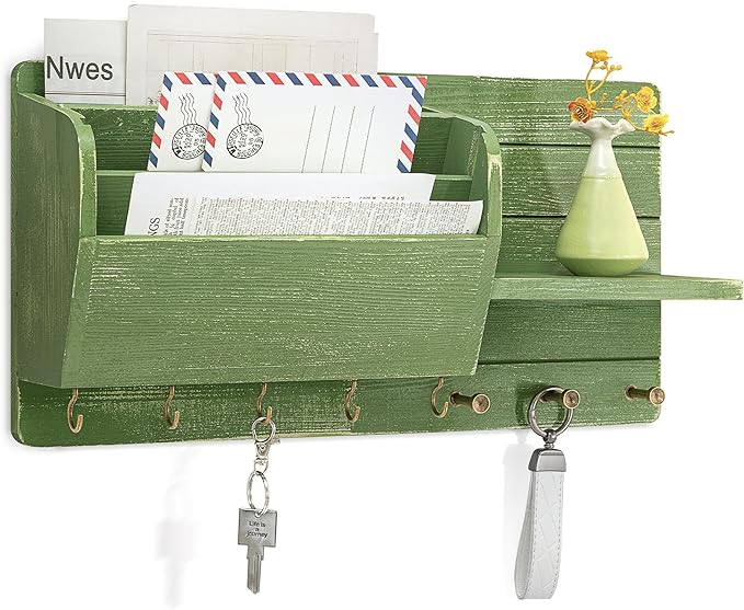 Rebee Vision Pine Wood Key Holder Wall Mount for Apartment Essentials - Farmhouse Key Holder for Wall with Mail Slot & Shelf 
