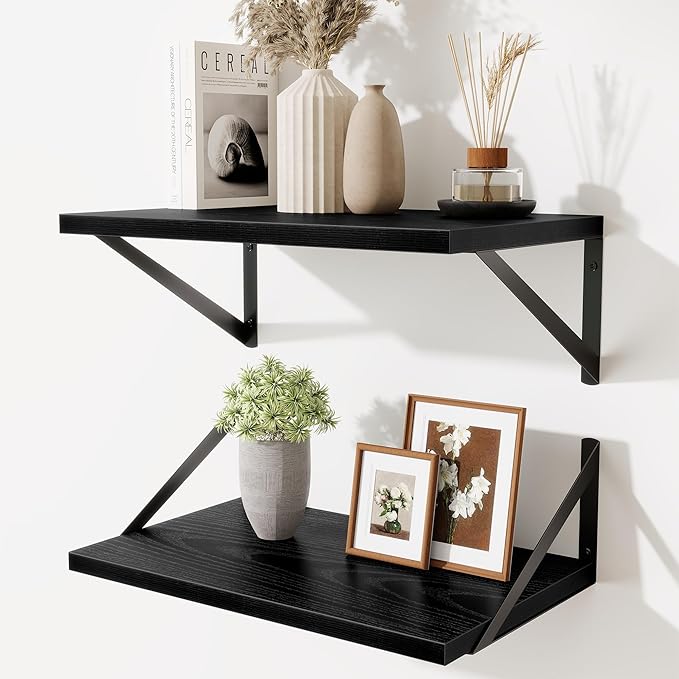 Floating Shelves for Wall,18" Wall Mounted Shelves Set of 2,Wood Floating Shelf with Bracket,Sturdy Metal Bracket Bookshelves