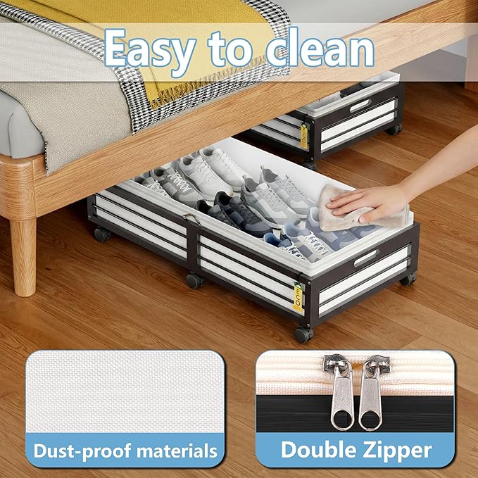 Under Bed Storage Containers with Wheels, Larger Bamboo Wood Under Furniture Storage Containers with Dust Bags，Rolling for Sh