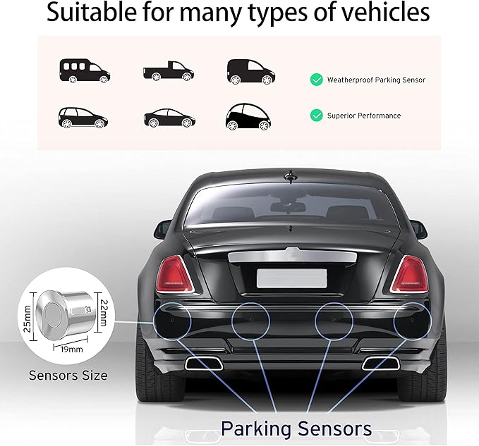 EKYLIN Wireless Car Parking Sensor, Reverse Radar System with 4 Parking Sensors, Wireless LED Distance Display with Sound Warning + 4 Silver Color Car Reverse Parking Sensors for Cars Vans RV Trailer