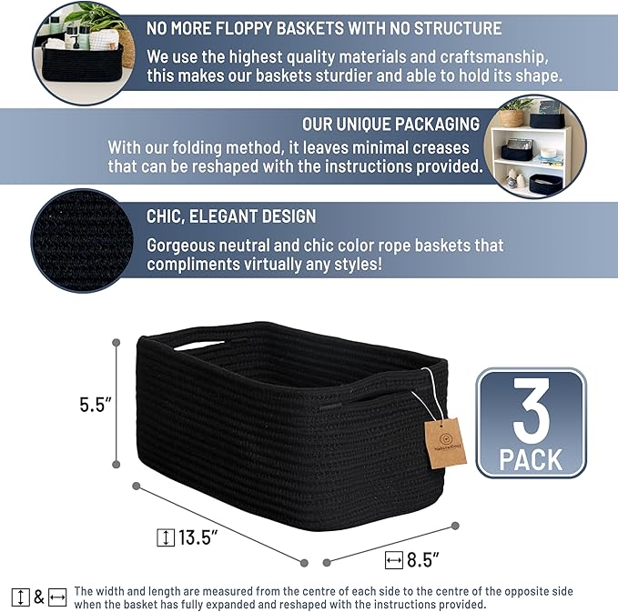 NaturalCozy 13.5”x8.5”x5.5” Rectangle Storage Baskets for Shelves 3 Pack | Cotton Rope Woven Small Baskets for Organizing | S