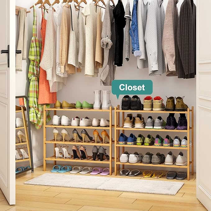 viewcare 4-Tier Bamboo Shoe Rack for Entryway, Stackable | Foldable | Natural, Shoe Organizer for Hallway Closet, Free Standi