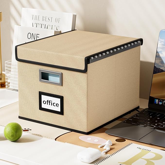 Huolewa File Organizer Box with Lid, Collapsible File Folder Organizer for Office Document Storage, Filing Box with Plastic S