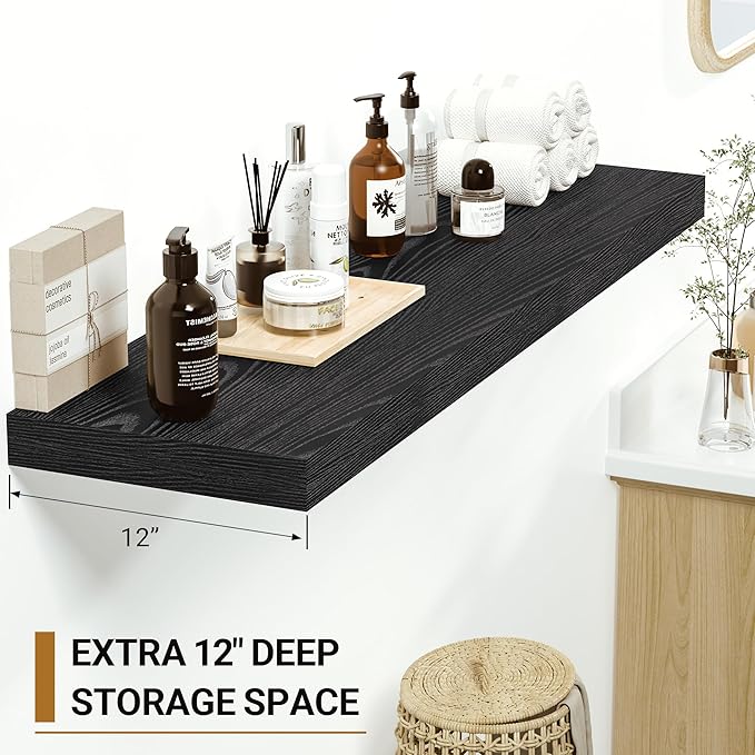 Vivelove Black Floating Shelves 47.2 Inches Wide, 12" Deep Wall Shelves for Bedroom, Bathroom, Living Room, Kitchen, Office, 