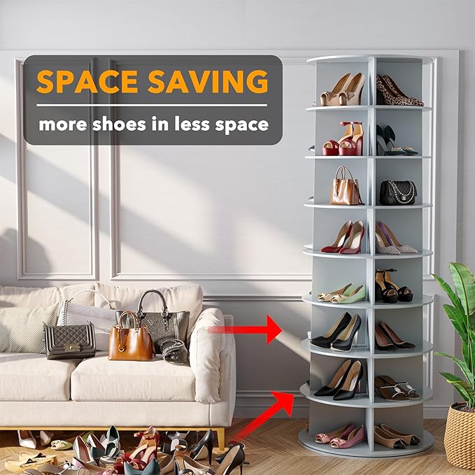 SpaceAid 8 Tier Rotating Shoe Rack Tower, Spinning Shoe Display Lazy Susan, Revolving 360 Shoe Rack Storage Round Carousel, V